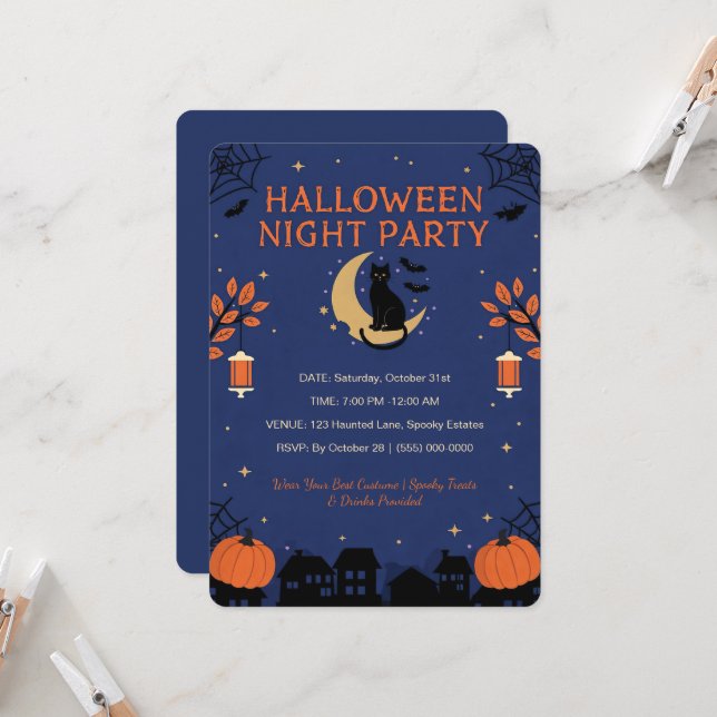 Invitation à une fête d'Halloween avec un chat noi (Devant/Arrière en situation)