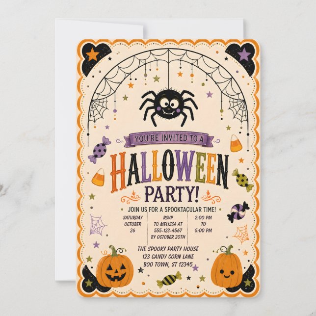 🎃🕷️ Invitation à une fête d'Halloween avec une a (Devant)