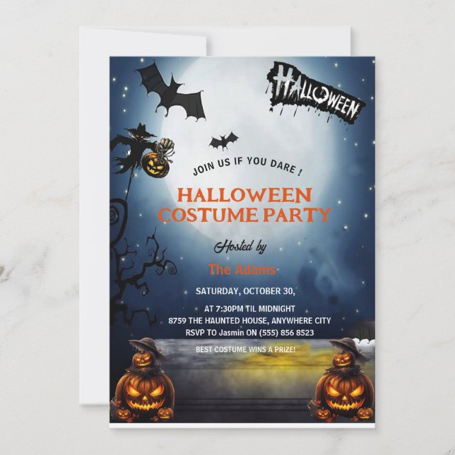 Invitation à une fête d'Halloween costumée et hant (Devant)
