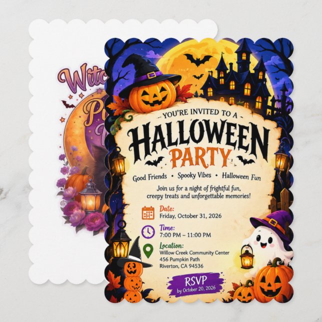 Invitation à une fête d'Halloween – Effrayant et C (Devant / Derrière)