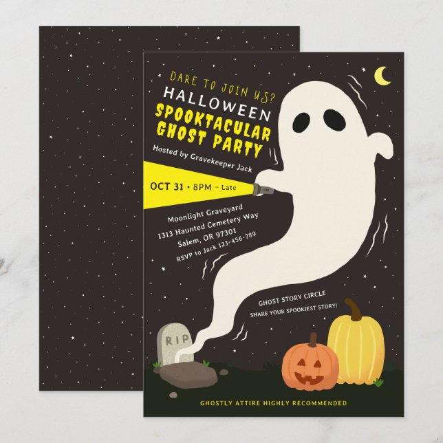 Invitation à une fête d'Halloween fantôme Spooktac (Devant / Derrière)