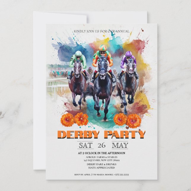 Invitation à une fête du Kentucky Derby Aquarelle  (Devant)