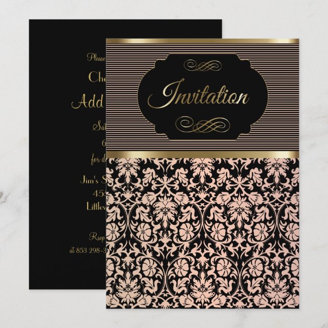 Invitation à une fête en rose, noir et or (Devant / Derrière)