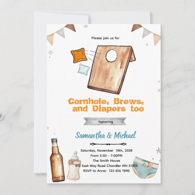 Invitation à une fête prénatale Cornhole et Bière  (Devant)