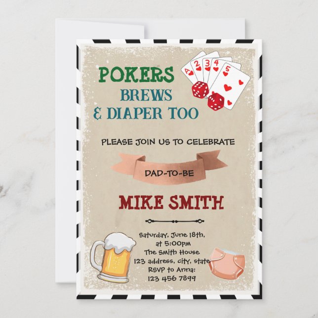 Invitation à une fête prénatale Poker et Bière (Devant)