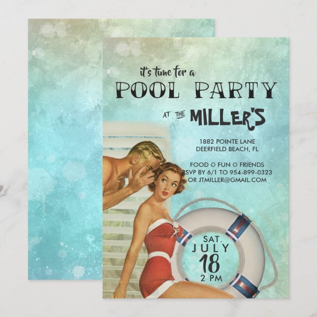 Invitation à une fête rétro au bord de la piscine (Devant / Derrière)