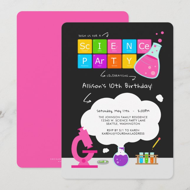 Invitation à une fête scientifique girly (Devant / Derrière)
