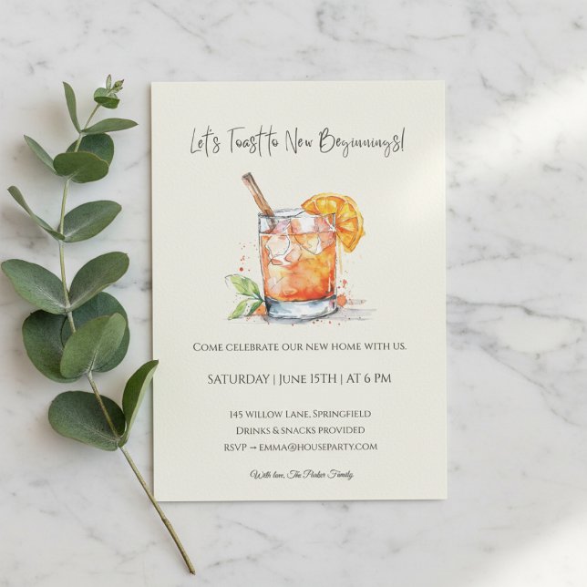 Invitation à une pendaison de crémaillère • Nouvel (Housewarming invitation with watercolor cocktail on marble background and eucalyptus branch.)