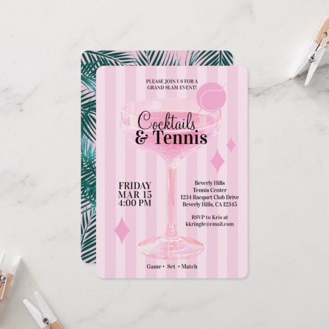 Invitation à une soirée cocktails et tennis (rose) (Devant/Arrière en situation)
