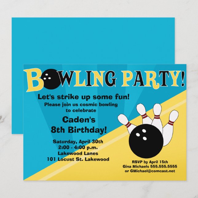Invitation à une soirée de bowling - Bleu et Jaune (Devant / Derrière)