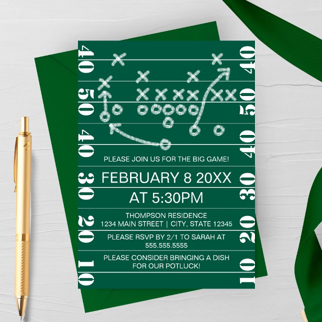 Invitation à une soirée de diagrammes de jeu de fo (Big Game Football Watch Party Invitation with Football field, and game play )