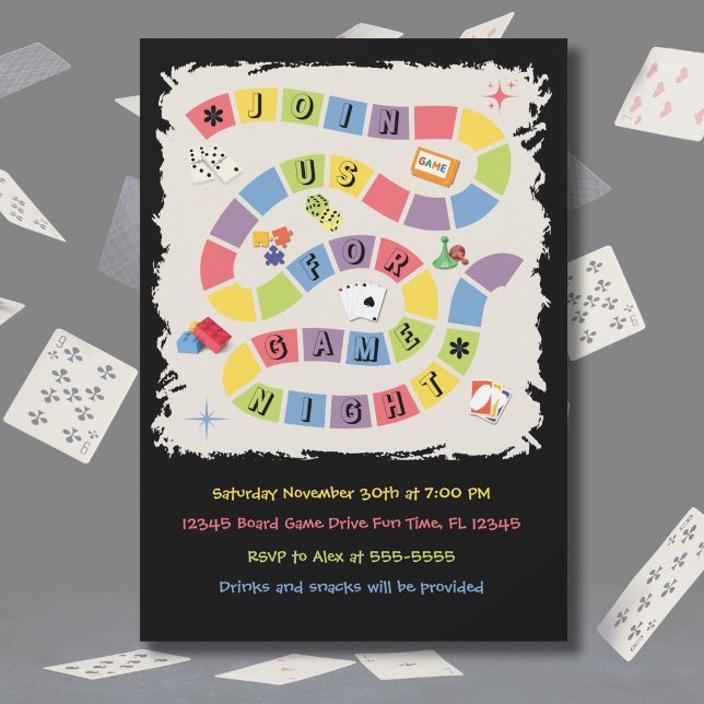 Invitation à une soirée de jeux de société rétro c (A dynamic, high-energy view of the retro board game invitation surrounded by falling playing cards)