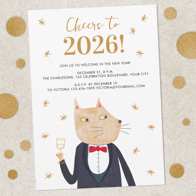 Invitation à une soirée du Nouvel An avec un chat  (Fun Cat in a Suit Cheers to 2026 New Year's Eve party invitation)