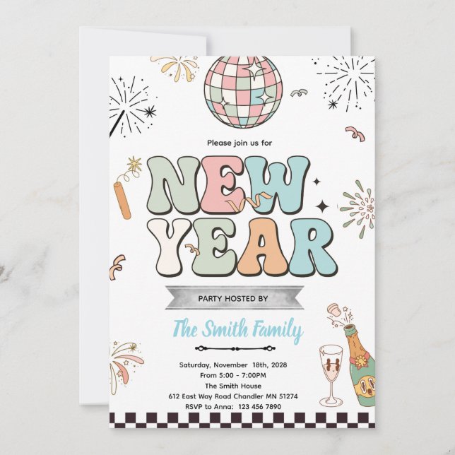 Invitation à une soirée du nouvel an rétro (Devant)