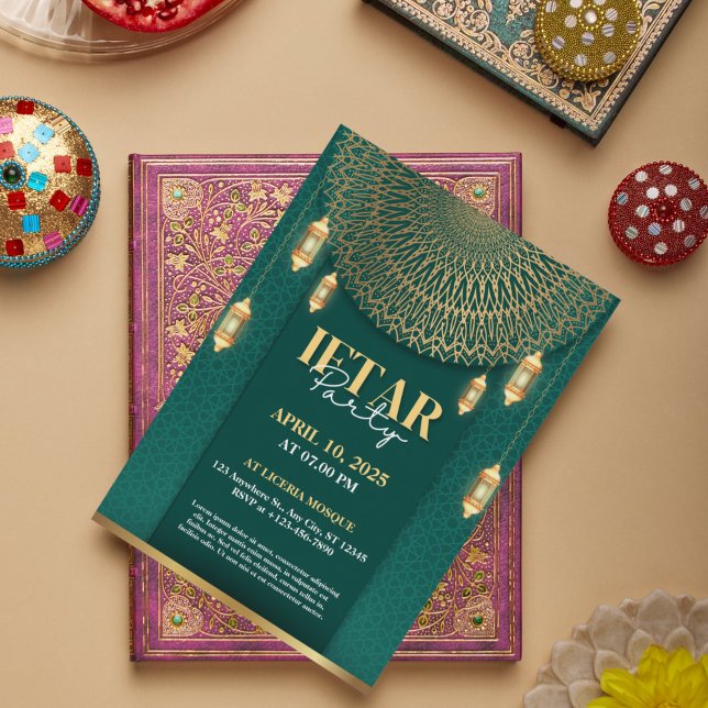 Invitation à une soirée élégante verte et dorée po (Elegant Green and Gold Ramadan Iftar Party Invitation)