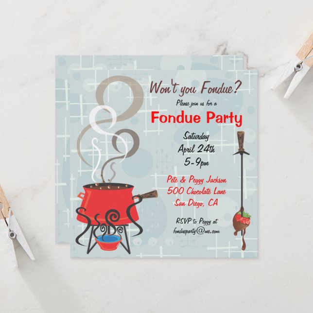 Invitation à une soirée fondue au chocolat rétro (Devant/Arrière en situation)