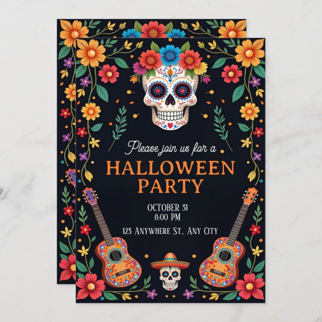 Invitation à une soirée Halloween avec des crânes  (Devant / Derrière)