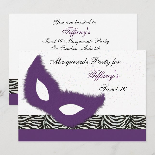Invitation à une soirée masquée pour les 16 ans (Devant / Derrière)