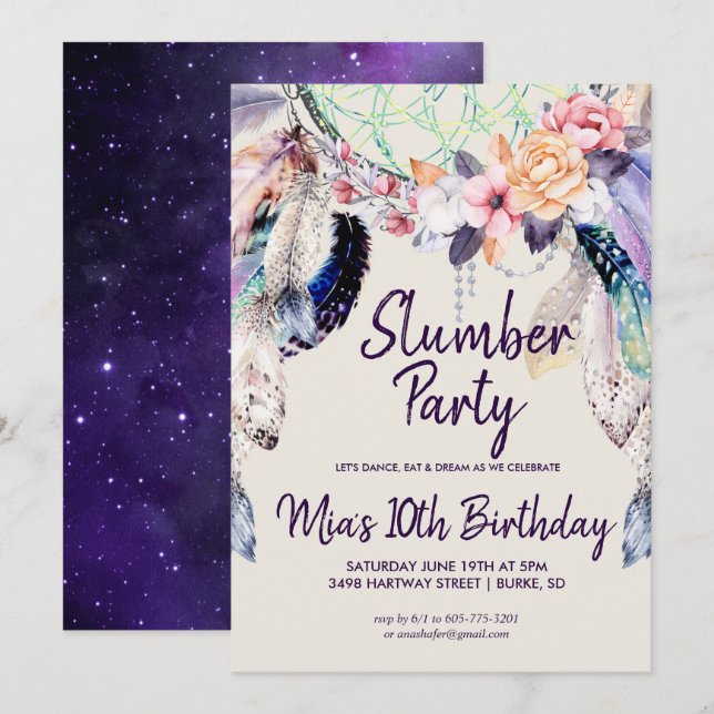 Invitation à une soirée pyjama attrape-rêves (Devant / Derrière)