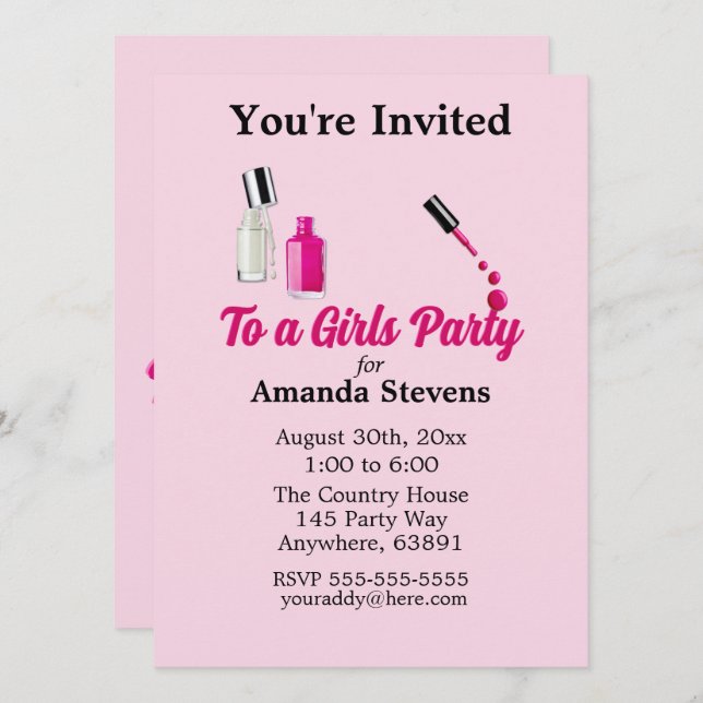 Invitation à une soirée pyjama avec vernis à ongle (Devant / Derrière)