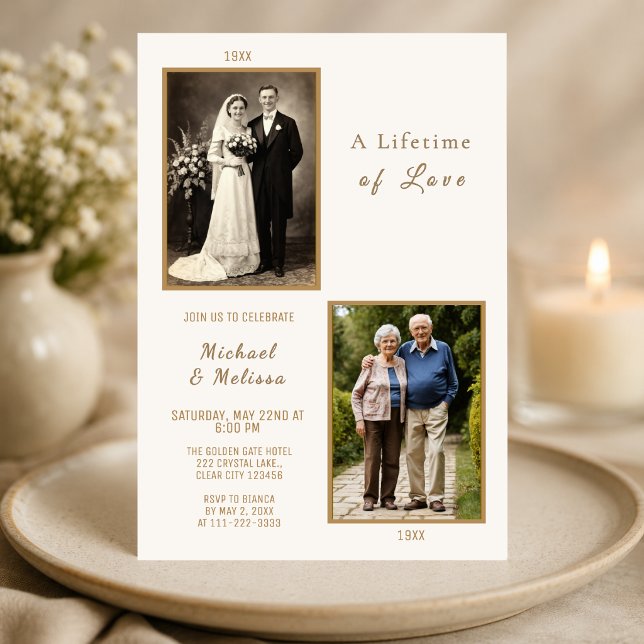 Invitation à une vie d'amour (Elegant ivory and gold anniversary invitation celebrating a lifetime of love and memories)