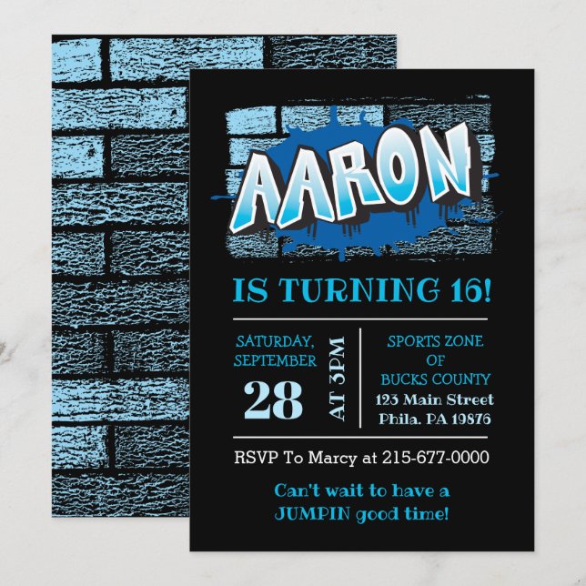Invitation Aaron Ton Graffiti Nom Brick Wall Anniversaire (Devant / Derrière)