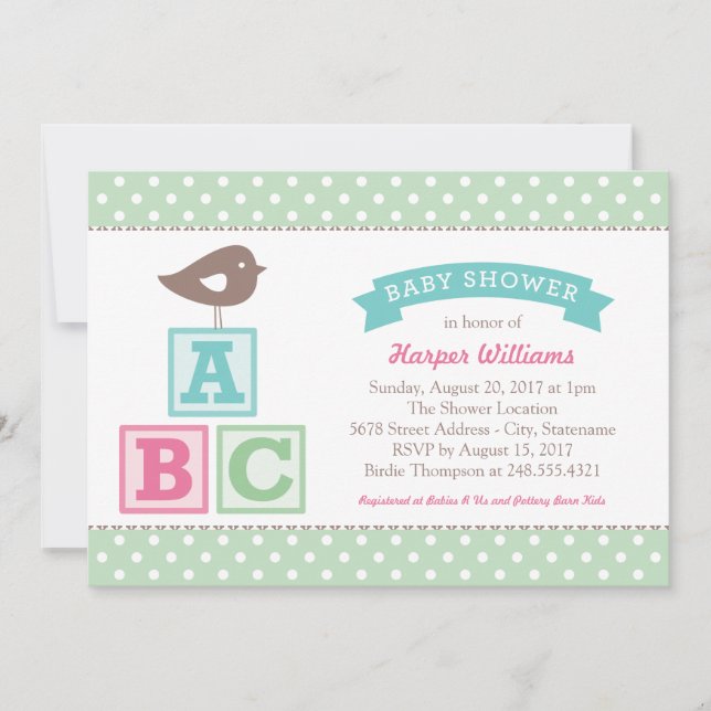 Invitation ABC Alphabet Blocks Mint Green Baby shower (Devant)
