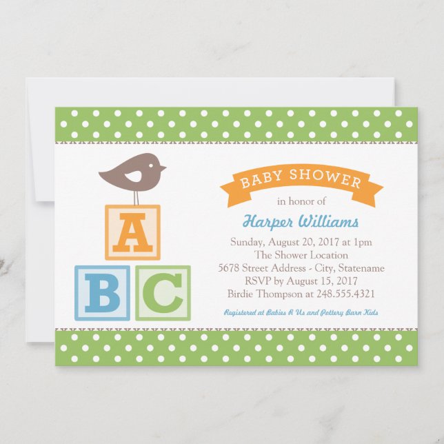 Invitation ABC Alphabet Blocs Baby shower vert (Devant)