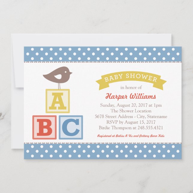 Invitation ABC Alphabet Blocs Bleu Jaune bébé garçon douche (Devant)
