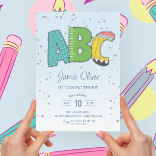 Invitation ABC Alphabet coloré 3e fête d'anniversaire