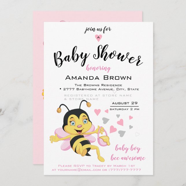 Invitation Abee Awesome Baby Girl Douche | (Devant / Derrière)