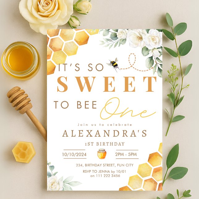 Invitation Abeille 1er anniversaire Sweet to Be One Girl Flor (Bee 1st Birthday Sweet to Be One Girl Floral Invitation)
