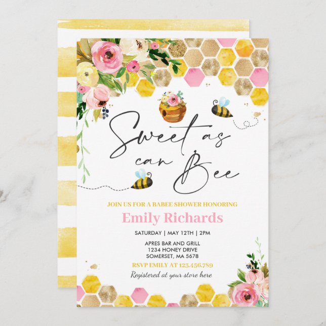 Invitation Abeille Baby shower Rose Floral Douce Comme Peut Ê (Devant / Derrière)
