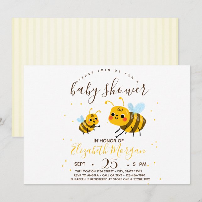 Invitation Abeille Bumble Douce, Baby shower Stripes (Devant / Derrière)