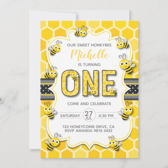 Invitation Abeille de miel doux premier anniversaire (Devant)