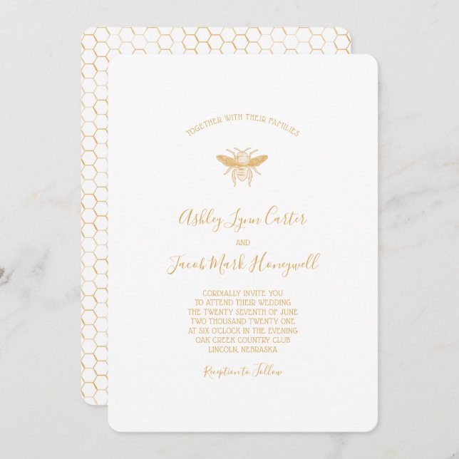 Invitation Abeille et Motif Golden Honeycomb 2 (Devant / Derrière)
