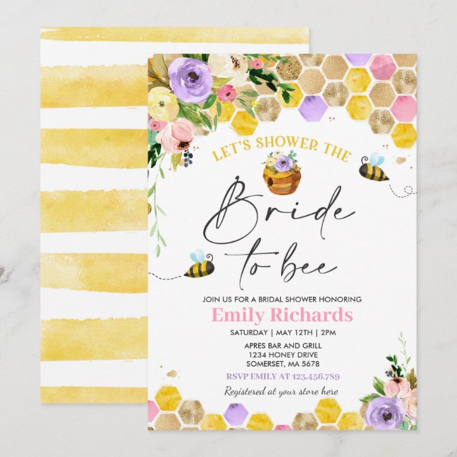 Invitation Abeille Fête de l'mariée Rose & Or Floral Mariée À (Devant / Derrière)