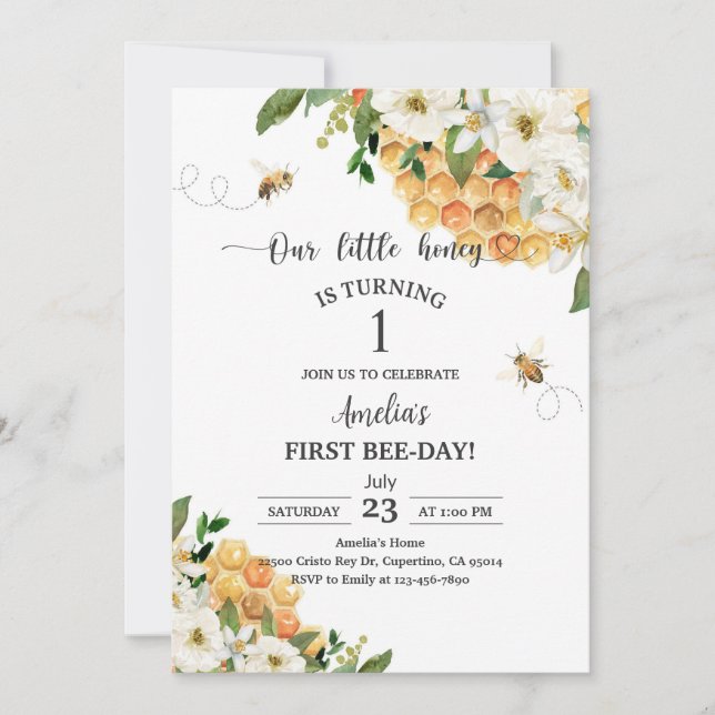 Invitation Abeille jaune Fleur blanche 1er anniversaire (Devant)