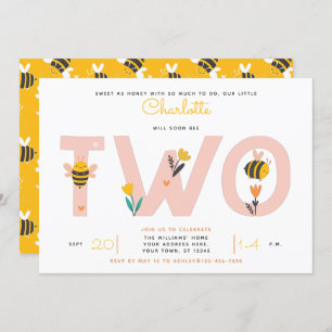 Invitation Abeille Jaune & rose Floral DEUX Baby's 2nd Birthd