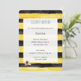 Invitation Abeille Naissance Rayures Noires Or Jaune