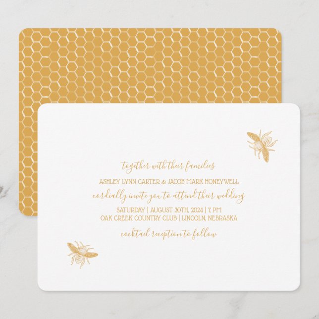 Invitation Abeilles et Golden Honeycomb Motif Mariage (Devant / Derrière)