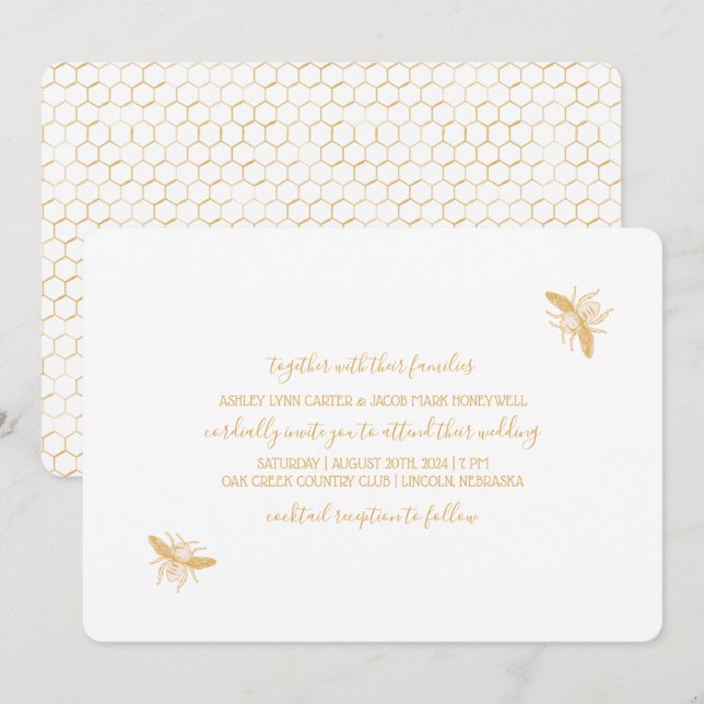 Invitation Abeilles et Golden Honeycomb Motif Mariage 2 (Devant / Derrière)