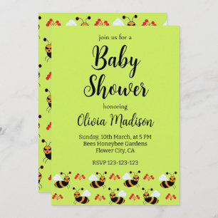 Invitation Abeilles Miel Fleurs rouges Abeille Baby shower