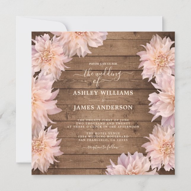 Invitation Abondant Pink Dahlia Fleur Mariage en bois rustiqu (Devant)