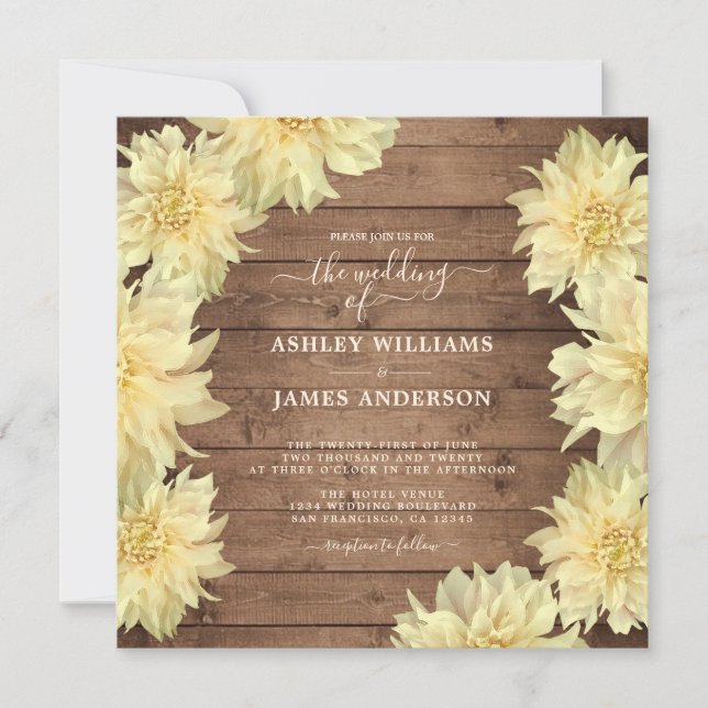 Invitation Abondante Fleur Jaune Dahlia Mariage en bois rusti (Devant)
