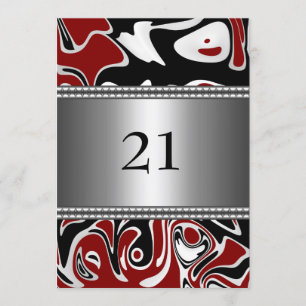 Invitation Abstrait Black White Red Silver Trim 21e anniversa