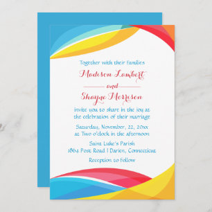 Invitation Abstrait Blue Mariage Rainbow Wave rouge et jaune
