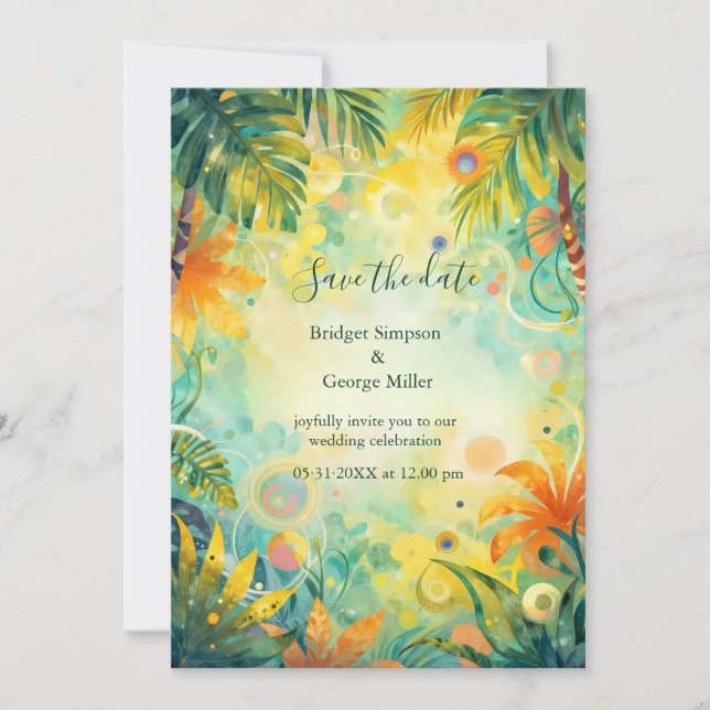 Invitation abstrait coloré Tropical Hawaii palmiers Mariage (Devant)