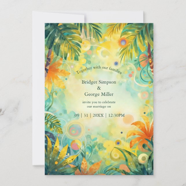 Invitation abstrait coloré Tropical Hawaii palmiers Mariage (Devant)
