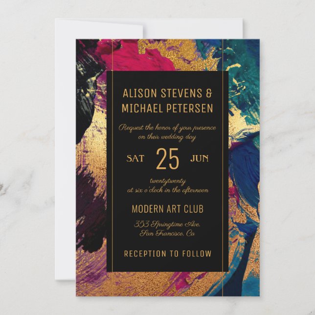 Invitation Abstrait design moderne or noir mariage (Devant)